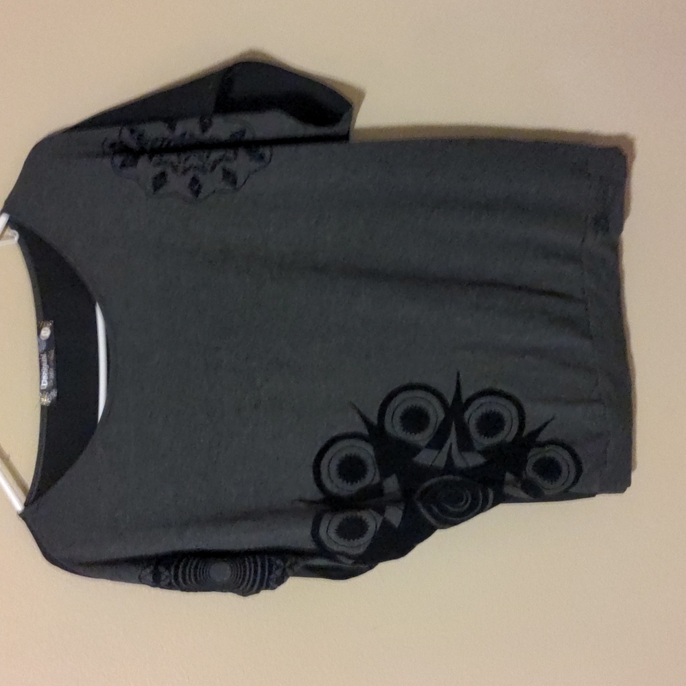 Desigual grey top with black designs, size M